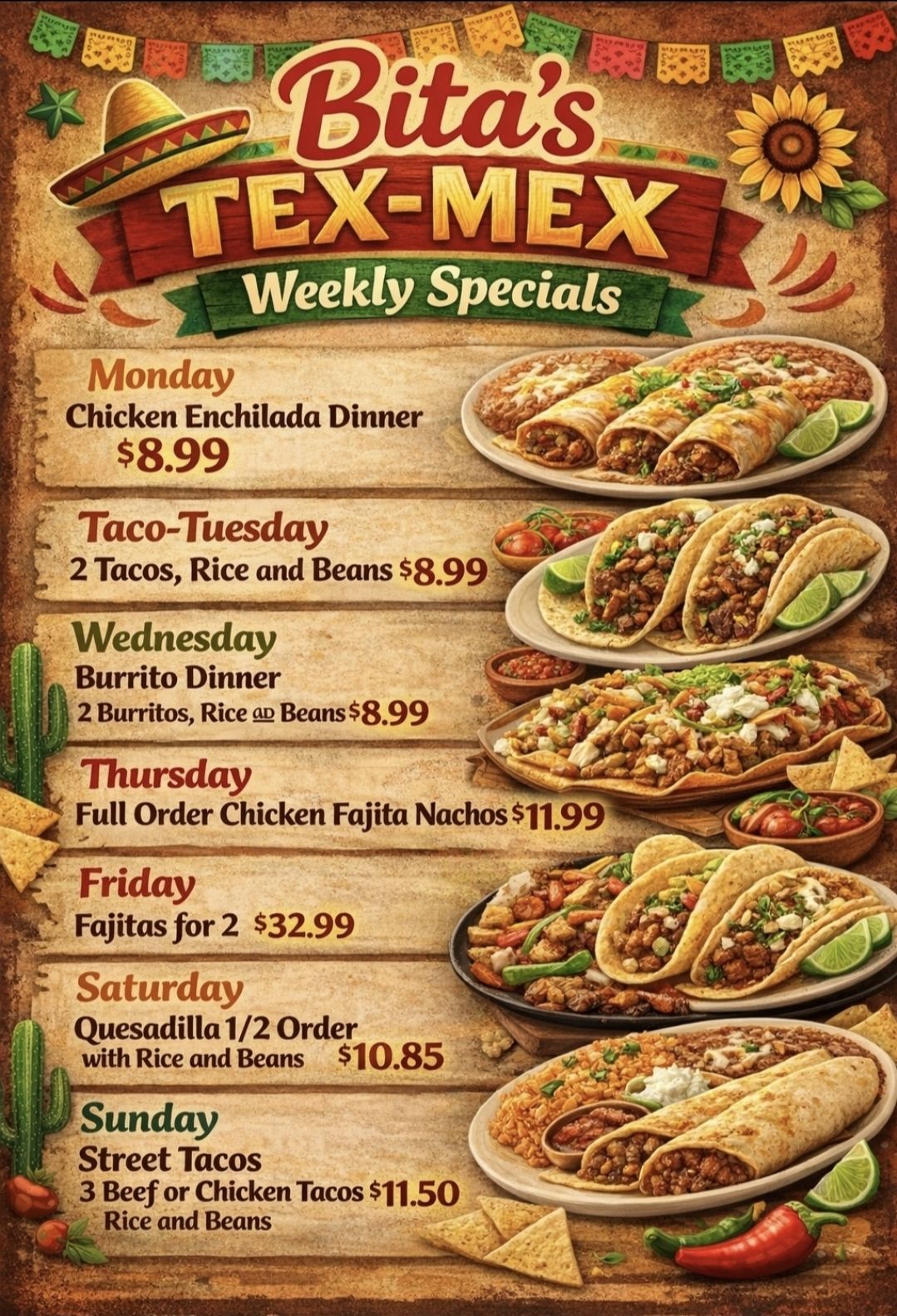 Bitas Tex-Mex weekly specials poster showing daily deals from Monday through Sunday